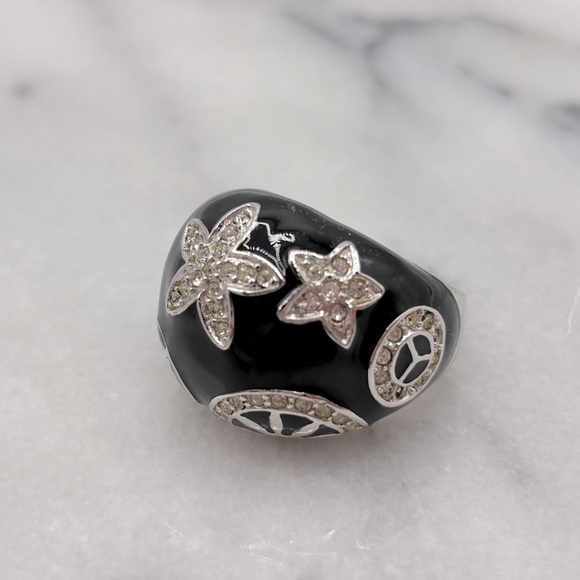 Chunky Black Enamel & Silver Tone Crystal Ring with Design - Picture 8 of 12